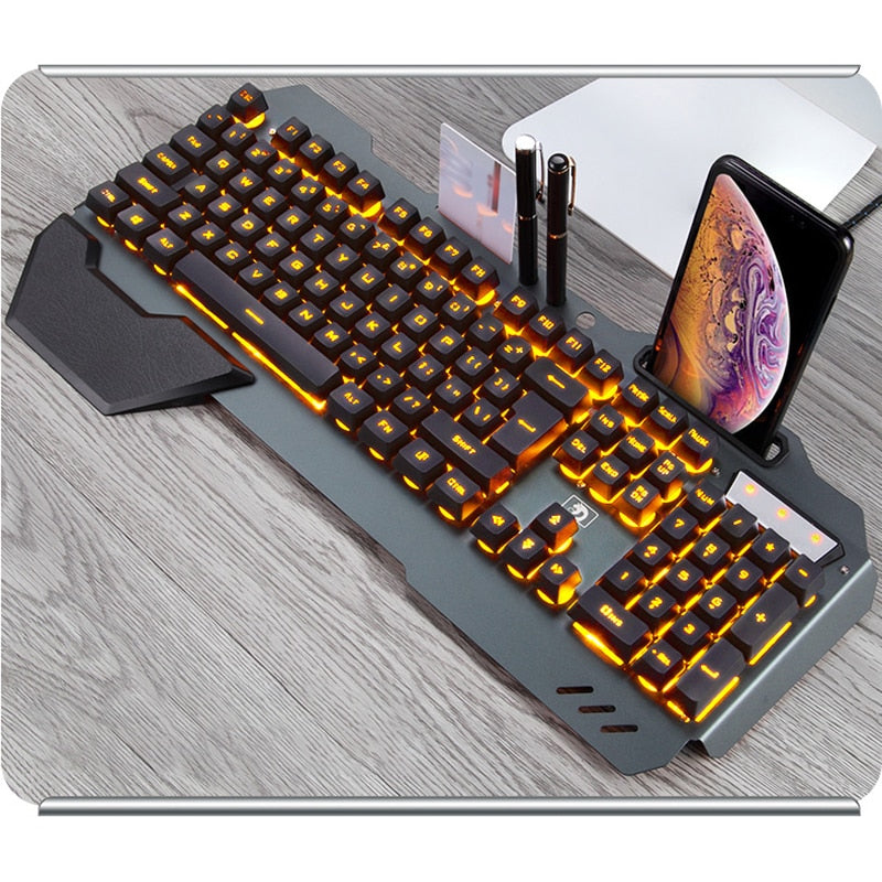 Ergonomic Wired Gaming Keyboard with RGB Backlight Phone Holder